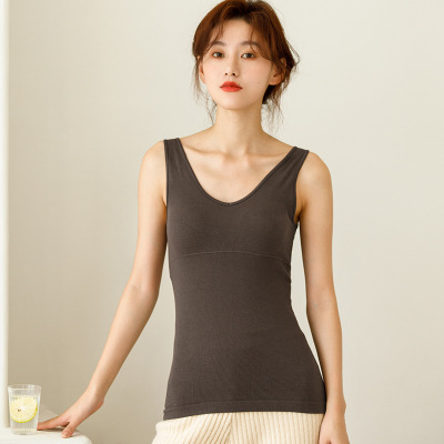 秋冬季V领保暖背心女士带胸垫内搭外穿修身显瘦无缝美体保暖马甲