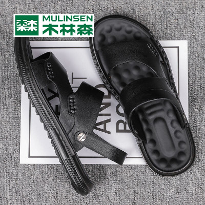 木林森凉鞋男夏季外穿2021年新款黑色皮凉拖男士沙滩拖鞋软底