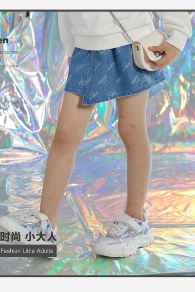 [1件5折价:89.5]米喜迪mecity童装春新款女童不规则下摆洋气拔印牛仔半裙