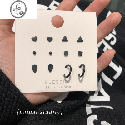 JiMi12只装!甜酷女孩几何黑色套装耳钉简约日常小耳环暗黑百搭耳饰潮