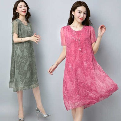 冰凉雪纺连衣裙夏装妈妈装连衣裙中年中老年女装大码女装中长款女