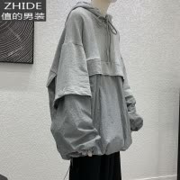 SUNTEK黑暗系男装假两件卫衣男设计感小众上衣潮牌连帽日系oversize高街卫衣