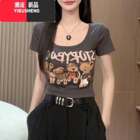YIBUSHENG辣妹U领短袖t恤女2024年新款季设计感小众高腰紧身显瘦短款上衣