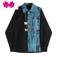 七斓大码300斤撞色链条长袖衬衫男ins潮牌男友风宽松休闲情侣衬衣