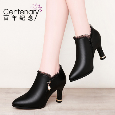 百年纪念单鞋女2019新款春秋季尖头深口皮鞋职业工作鞋黑色粗跟高跟鞋启隆1967