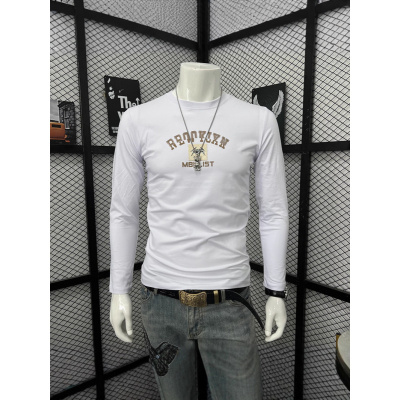 欧货新款潮流修身圆领男士T恤秋款长袖时尚印花字母体恤套头上衣