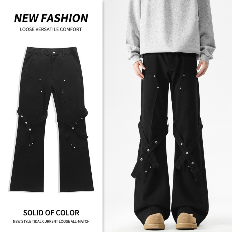 机能男裤风绑带裤男黑色铆钉微喇牛仔裤高街潮流长裤Wholesale