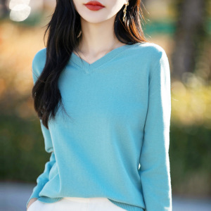 棉线针织衫女V领长袖薄款内搭毛衣春秋季上衣宽松套头线衣打底衫