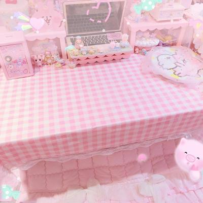 美帮汇少女心原宿风格子桌布 蕾丝边大号粉嫩公主房桌布 花边布