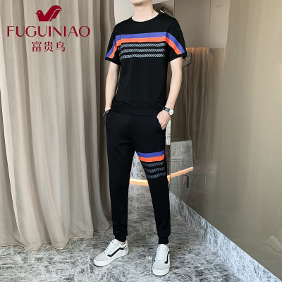 富贵鸟（FUGUINIAO）2021夏季新款男休闲套装薄款冰丝短袖夏装韩版潮流帅气男士两件套