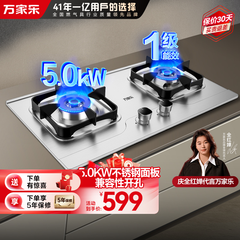万家乐双高火燃气灶 5.0kW液化气灶不锈钢煤气灶高热效率全进风快速点火燃气灶家用台嵌两用双灶JZY-AY8G液化气
