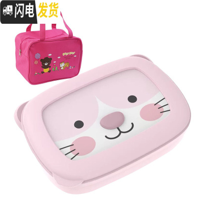 三维工匠四格小学生饭盒便携带盖学生专用便当盒一年级分格不锈钢儿童餐盒 可拆分粉色小猫四格1400+袋