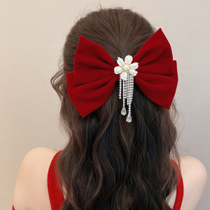 高端红色丝绒大蝴蝶结发夹顶夹女2023新款后脑勺弹簧夹发卡头饰送女朋友老婆情人节七夕生日礼物 珍珠花朵流苏发夹