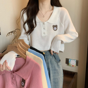 刺绣小熊polo领长袖针织衫女秋季设计感小众毛衣宽松显瘦短款上衣