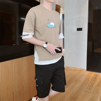 狮臣SHICHEN夏季男士休闲运动套装男士短袖t恤短裤套装港风潮流体恤2020年新款圆领宽松五分袖T恤运动套装男