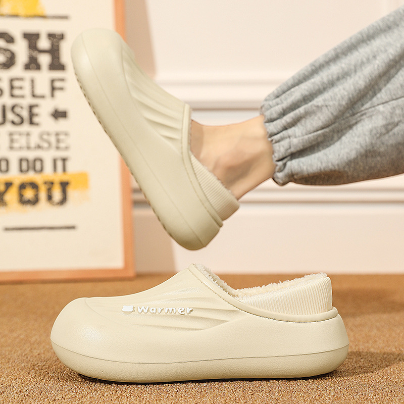 秋冬上新保暖加绒情侣款棉拖鞋拼色包头时尚厚底室内室外两穿棉鞋