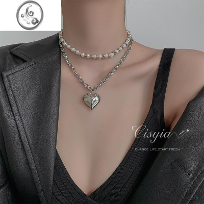 JiMi双层叠戴爱心项链女款珍珠颈链2023新款轻奢小众锁骨链高级感