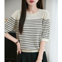 冰丝莱赛尔圆领针织衫短袖T恤女年春夏新款镂空拼色条纹上衣