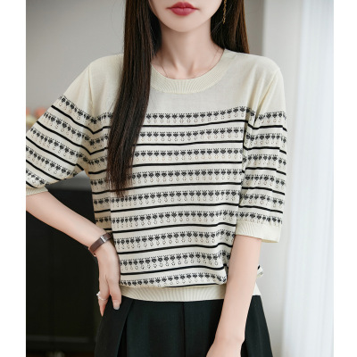 冰丝莱赛尔圆领针织衫短袖T恤女年春夏新款镂空拼色条纹上衣