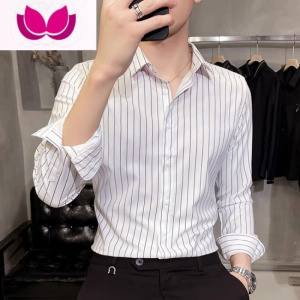 七斓2022春季新款英伦风条纹衬衫男韩版潮流修身男士长袖衬衣商务正装