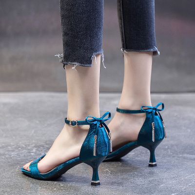 Ideamini一字带时装凉鞋仙女2021年新款夏中跟气质蓝色高跟鞋女细跟蝴蝶结