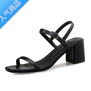 SUNTEK新款网红露趾方头凉鞋一字扣带晚晚同款中跟粗跟仙女大码小码定做