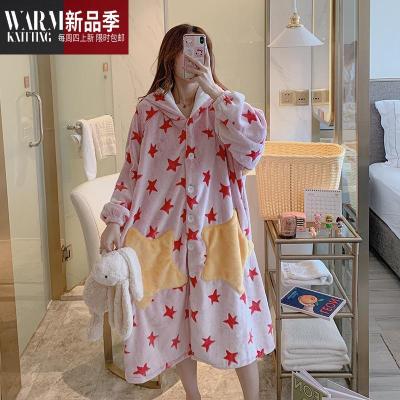秋冬睡衣女ins星星睡裙法兰绒加厚珊瑚绒韩版甜美学生中长款睡袍SHANCHAO
