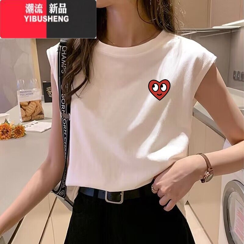 YIBUSHENG微胖女生穿搭季外穿无袖t恤女2023新款坎肩袖背心体恤上衣内搭
