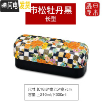 三维工匠微波炉饭盒日式便当盒保温可爱上班族成人学生双层便携餐盒 布贴长型-市松牡丹黑