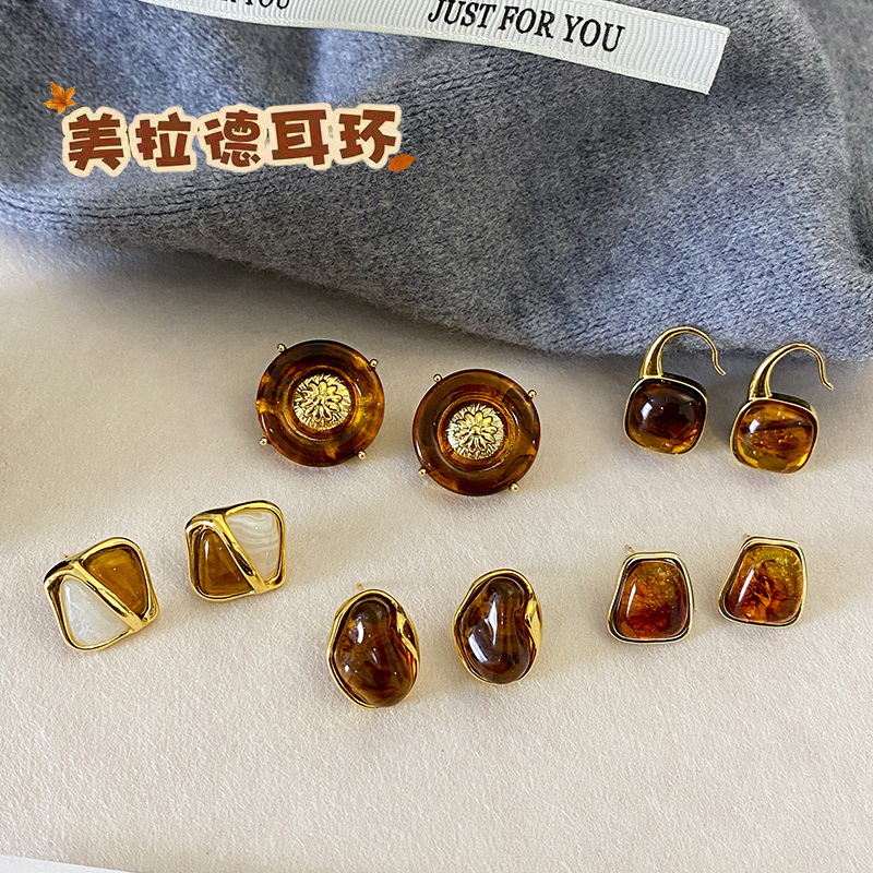 美拉德风琥珀色耳圈女复古春夏925银针耳钉高级感耳环气质耳饰品