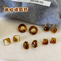 美拉德风琥珀色耳圈女复古春夏925银针耳钉高级感耳环气质耳饰品