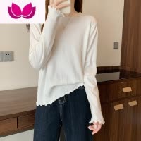 七斓白色针织衫纯色T恤打底衫女春季新款修身显瘦气质内搭木耳边上衣