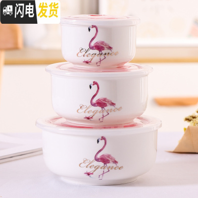 三维工匠陶瓷碗可微波炉加热专用饭盒便当盒带盖餐盒套装上班族可爱少女心 火烈鸟(无赠品)