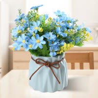 迷你陶瓷插花瓶仿真花艺套装简约现代家居家装饰品客厅酒柜小摆件 三维工匠 纹(粉色+3束豆芽)