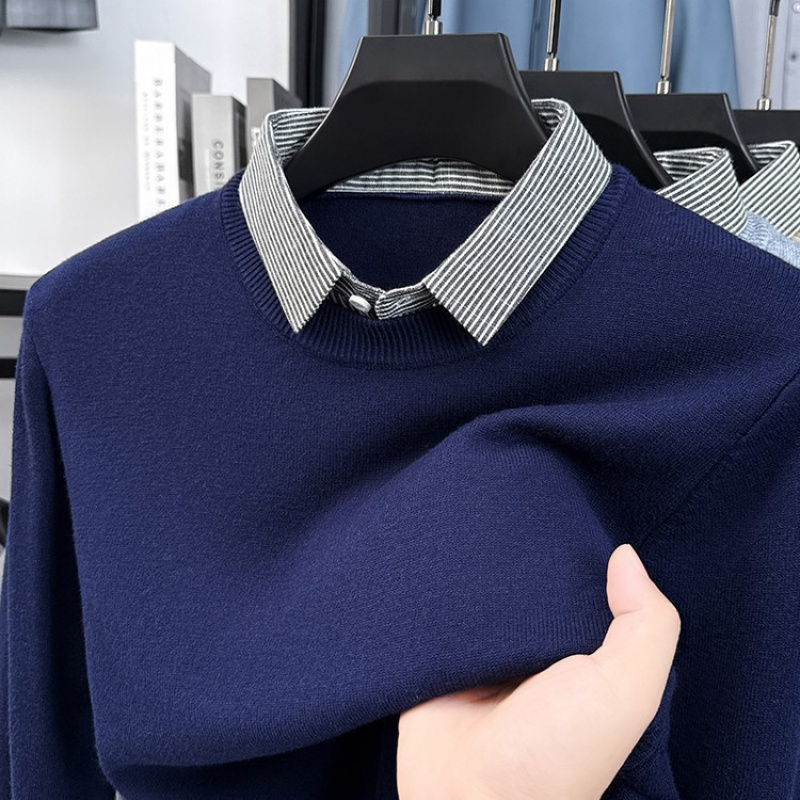 秋季男士毛衣翻领假两件T恤领针织衫宽松爸爸装毛衫男式打底上衣t