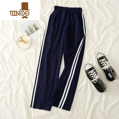 YANXU藏青色两道杆裤宽松直筒潮流百搭休闲裤男士条纹校服裤子