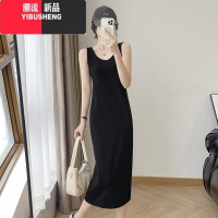 YIBUSHENG灰色背心修身显瘦连衣裙女2024季新款无袖吊带高腰中长裙小黑裙