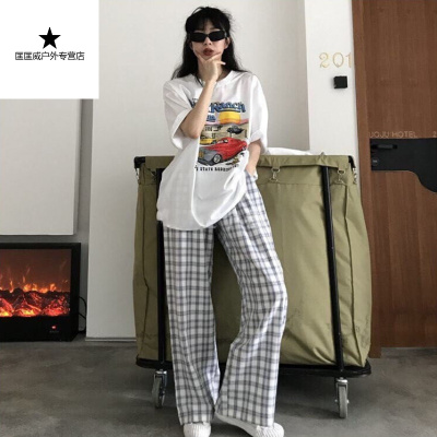 厂家直季2021新款学生韩版格子束脚裤宽松直筒裤运动裤女显瘦休闲裤潮迈诗蒙