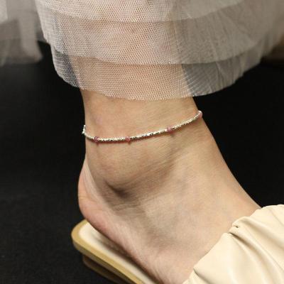 925银水晶红碧玺脚链女性感本命年碎银子脚环成人足链新款脚踝链送女朋友老婆情人节七夕生日礼物