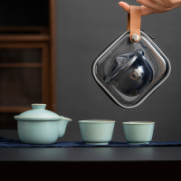 苏氏陶瓷(SUSHI CERAMICS)汝窑旅行茶具套装便携式陶瓷功夫茶具盖碗配两杯快客茶套装