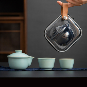 苏氏陶瓷(SUSHI CERAMICS)汝窑旅行茶具套装便携式陶瓷功夫茶具盖碗配两杯快客茶套装