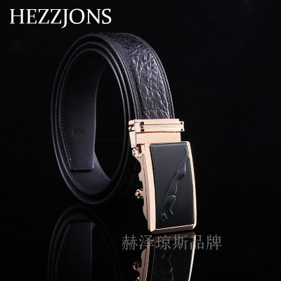 赫泽琼斯HEZZJONS鳄鱼皮带男进口不拼接鳄鱼骨皮腰带青中年商务休闲正品捷豹扣裤腰带男士和田玉扣真皮皮带黑色进口鳄鱼皮