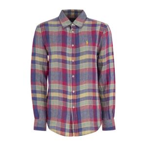 Polo Ralph Lauren女士直筒亚麻全棉格纹刺绣衬衫麻花复古休闲通勤显瘦长袖