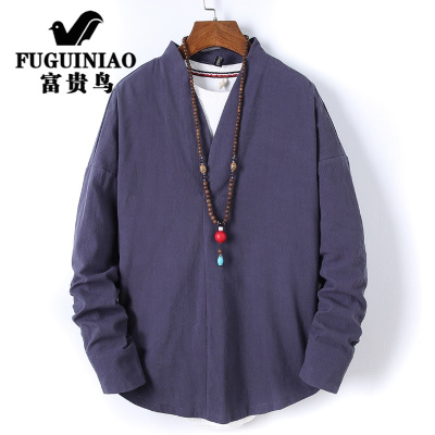 富贵鸟中国风棉麻长袖T恤日系复古大码全棉打底衫修道服劲装男布扣衣服