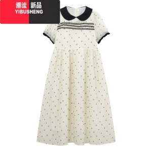 YIBUSHENG奶系减龄拼色娃娃领波点连衣裙女季2024新款泡泡袖甜美初恋长裙