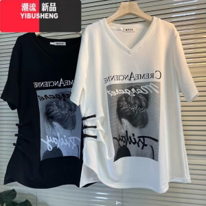 YIBUSHENG胖MM盘扣V领短袖T恤女装遮肉大码2-300斤显瘦洋气百搭中长款上衣
