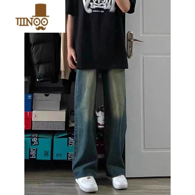 YANXU美式vibe复古做旧直筒牛仔裤男女款高街休闲夏季薄款宽松阔腿长裤
