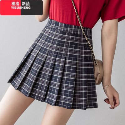YIBUSHENG2021年裙子夏季新款韩版时尚高腰格子半身裙显瘦百褶裙A字短裙女