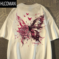HLCOMAN短袖t恤男女同款夏季宽松创意蝴蝶玫瑰半袖百搭男装t
