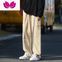七斓工装裤子男士宽松大码运动卫裤直筒阔腿卡其色休闲长裤